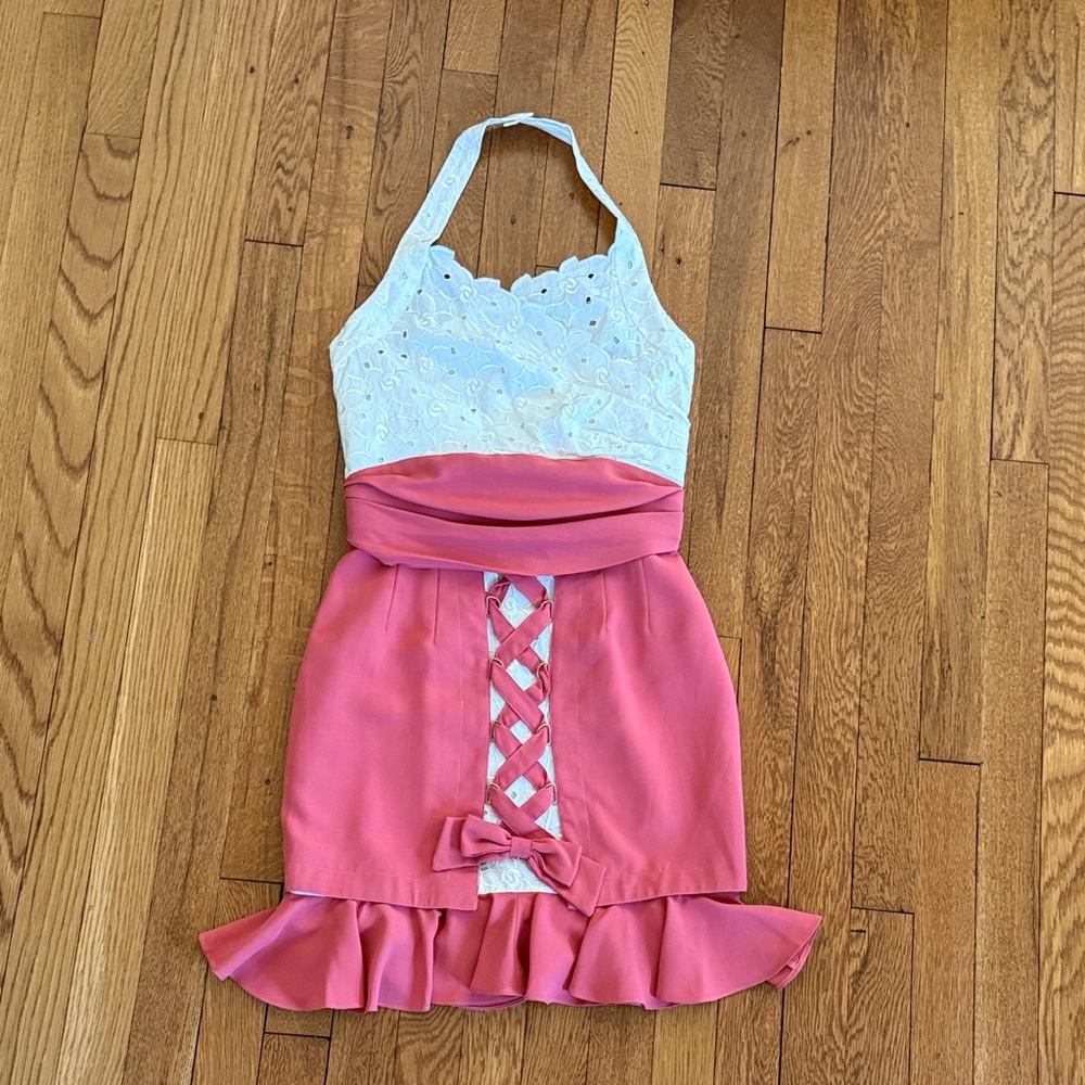 Reconstructed Vintage White Eyelet Halter dress with Pink Corset Skirt. Size 2